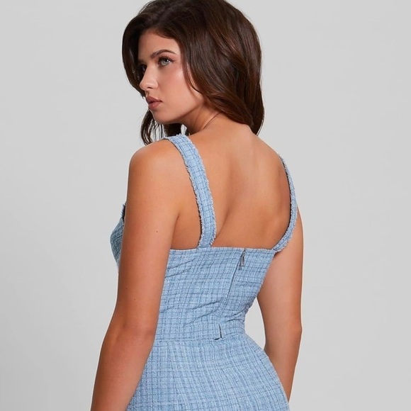 Guess Emily Sky Blue Tweed Plaid Cropped Bustier Top Size XLarge NWT - Picture 2 of 16